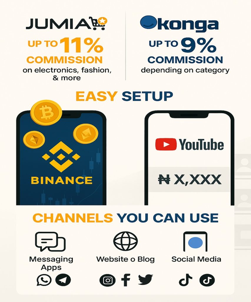 Infographic comparing Jumia and Konga affiliate commissions and setup steps.