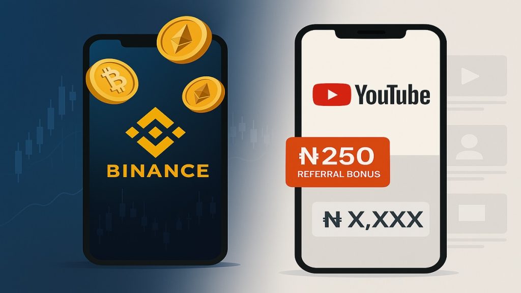Smartphone with Binance crypto trading and another with YouTube monetization.