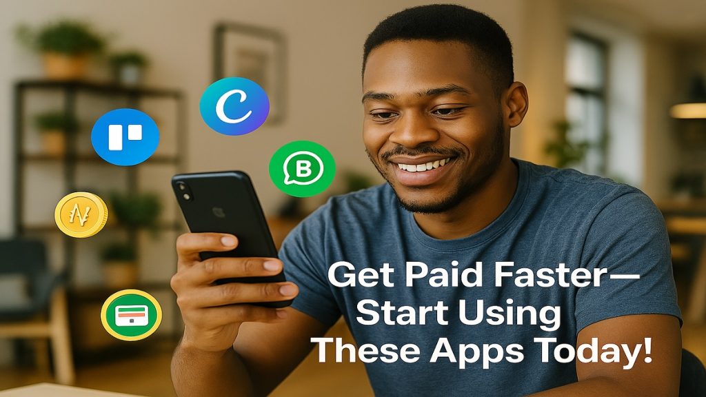 Nigerian hustler using a smartphone with icons for Canva, Trello, WhatsApp Business, and Wallet apps.