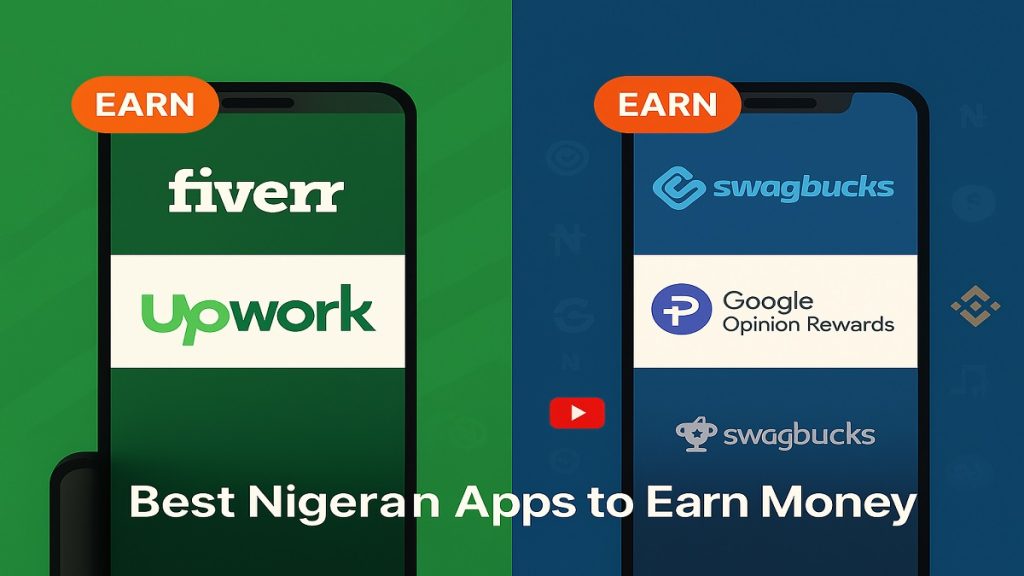 Split screen of freelance gig apps (Fiverr, Upwork) and survey apps (Swagbucks, Google Opinion Rewards).