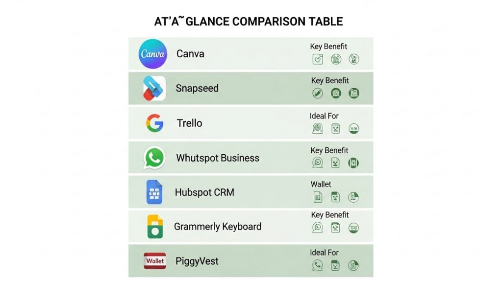 Infographic comparing top free Nigerian mobile tools by benefit and ideal use case.