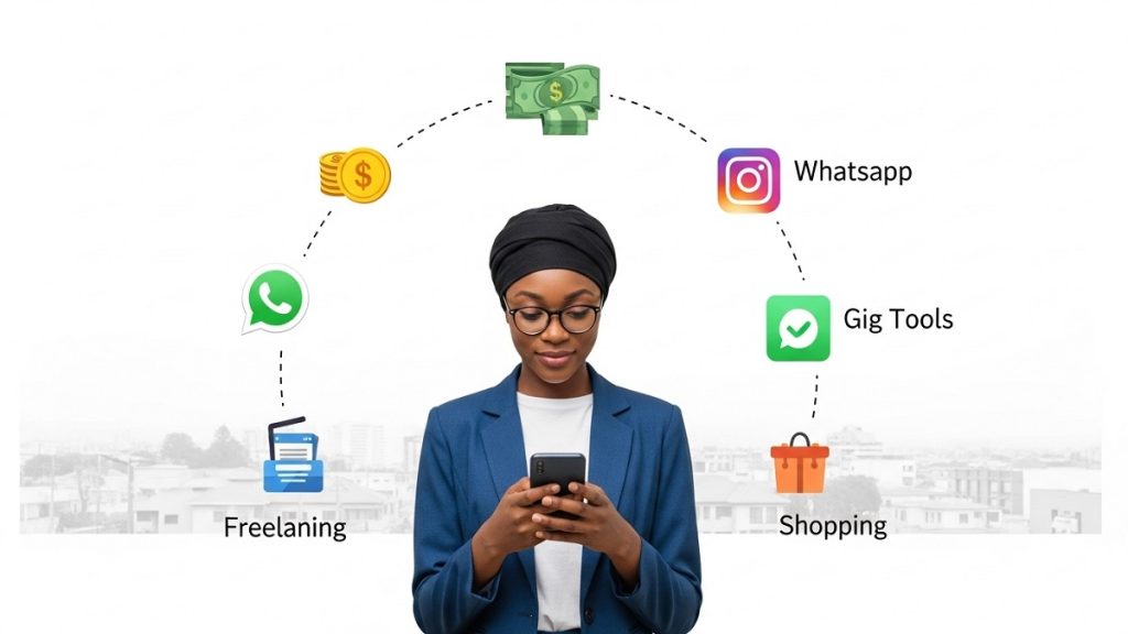 Young Nigerian using a smartphone for online side hustles with digital icons.