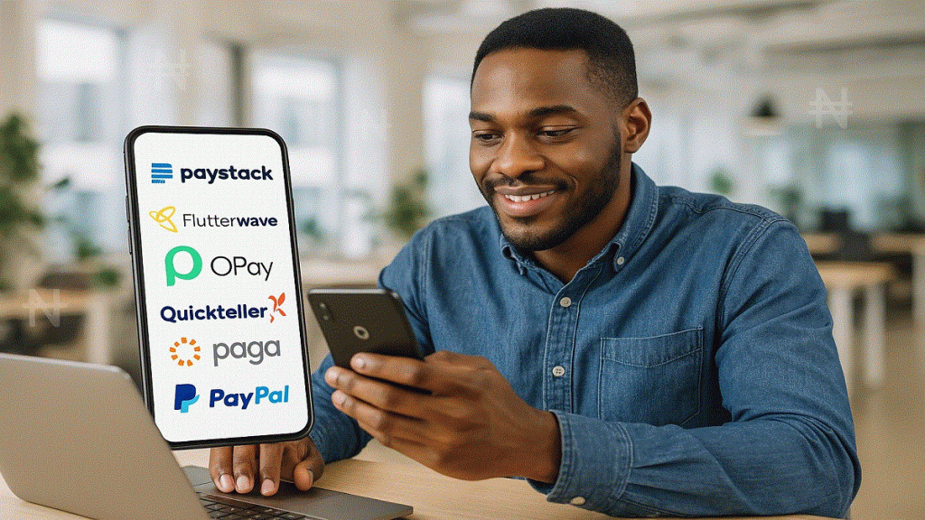 Nigerian freelancer using Paystack, Flutterwave, OPay, Quickteller, Paga, and PayPal on phone and laptop.