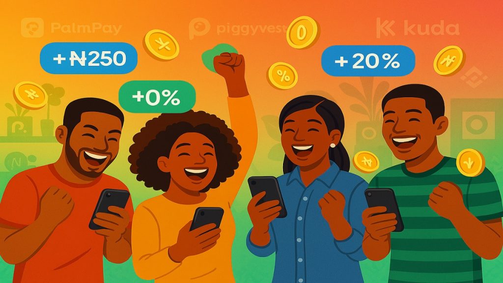 Nigerian celebrating rewards on phone with PalmPay, PiggyVest, OPay, Kuda, and Binance icons.