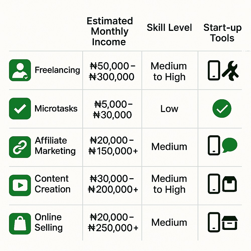 Comparison of 5 mobile hustles in Nigeria by income, tools, and skills.