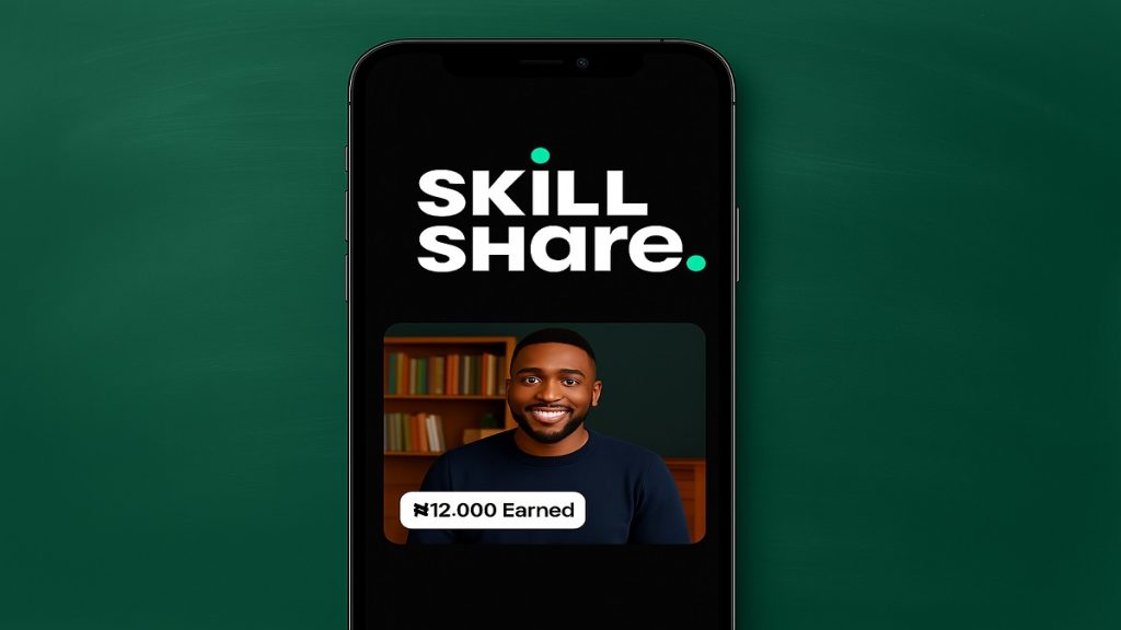 Smartphone displaying a SkillShare tutorial earning ₦12,000.