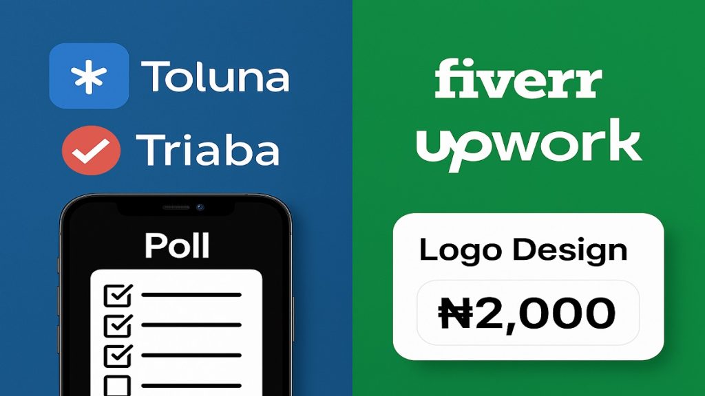 Split screen of survey apps (Toluna/Triaba) and freelance platforms (Fiverr/Upwork).